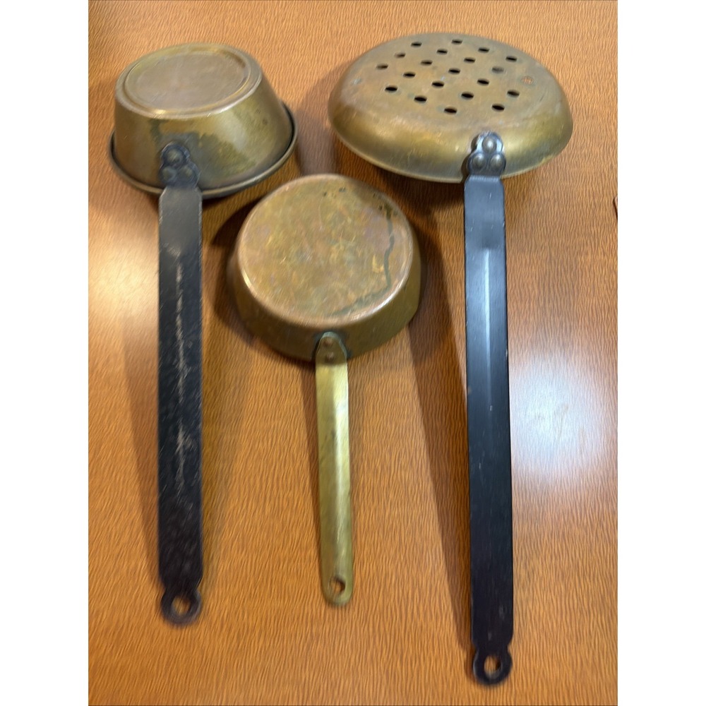 Pan Strainer Dipper Copper Brass Metal Iron Handles LOT/SET OF 3 Vintage